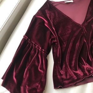 Deep wine velvet bell sleeve tie top